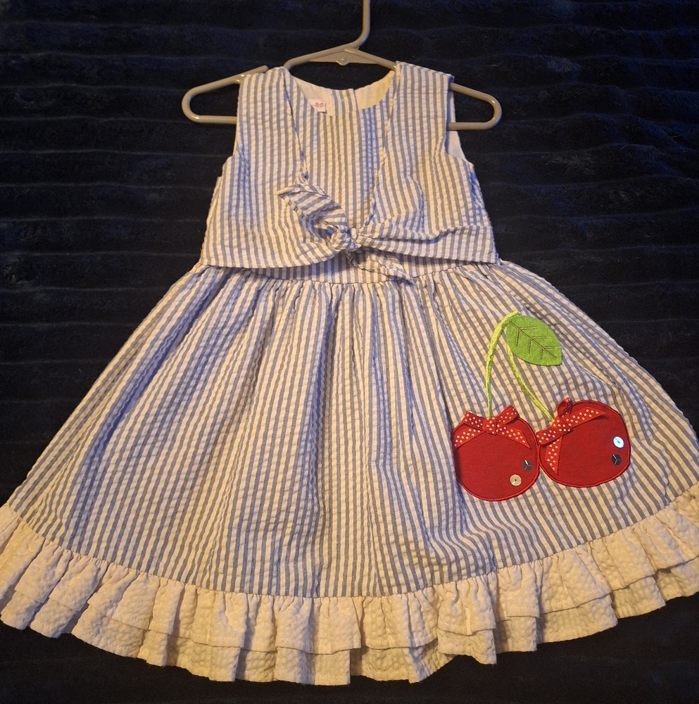 Striped Blue and White Kids Dress with Cherry Applique
